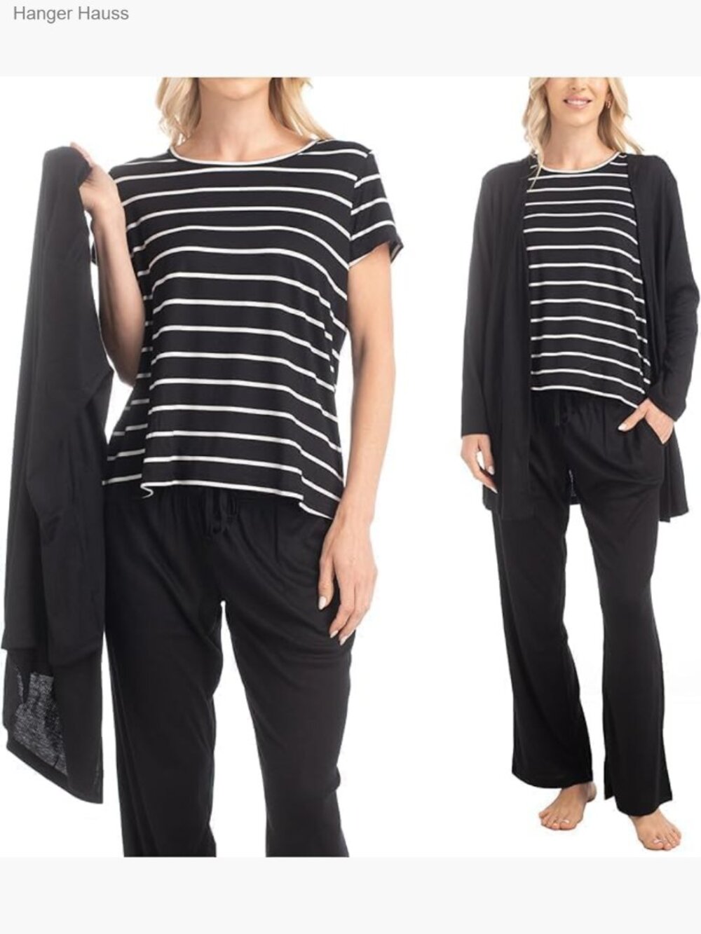 3 Pc Pajama Lounge Set Long Sleeve Cardigan Sleep Pants Short Sleeve Top Soft